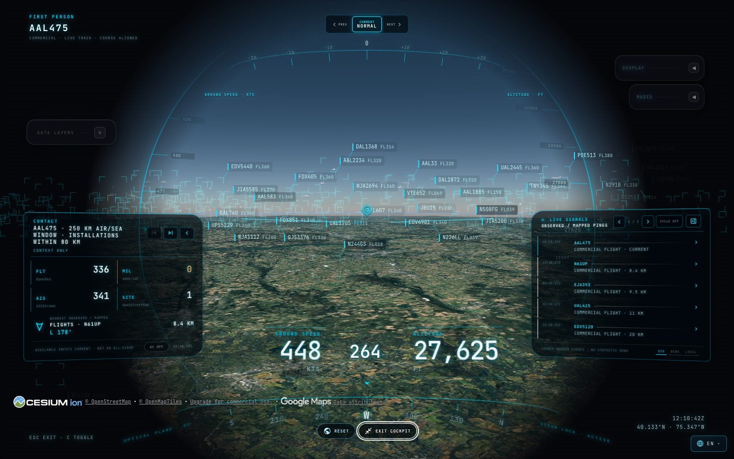 Cockpit mode: a first-person heads-up display riding a live American Airlines flight at 27,625 feet over New Jersey, with nearby flights labelled