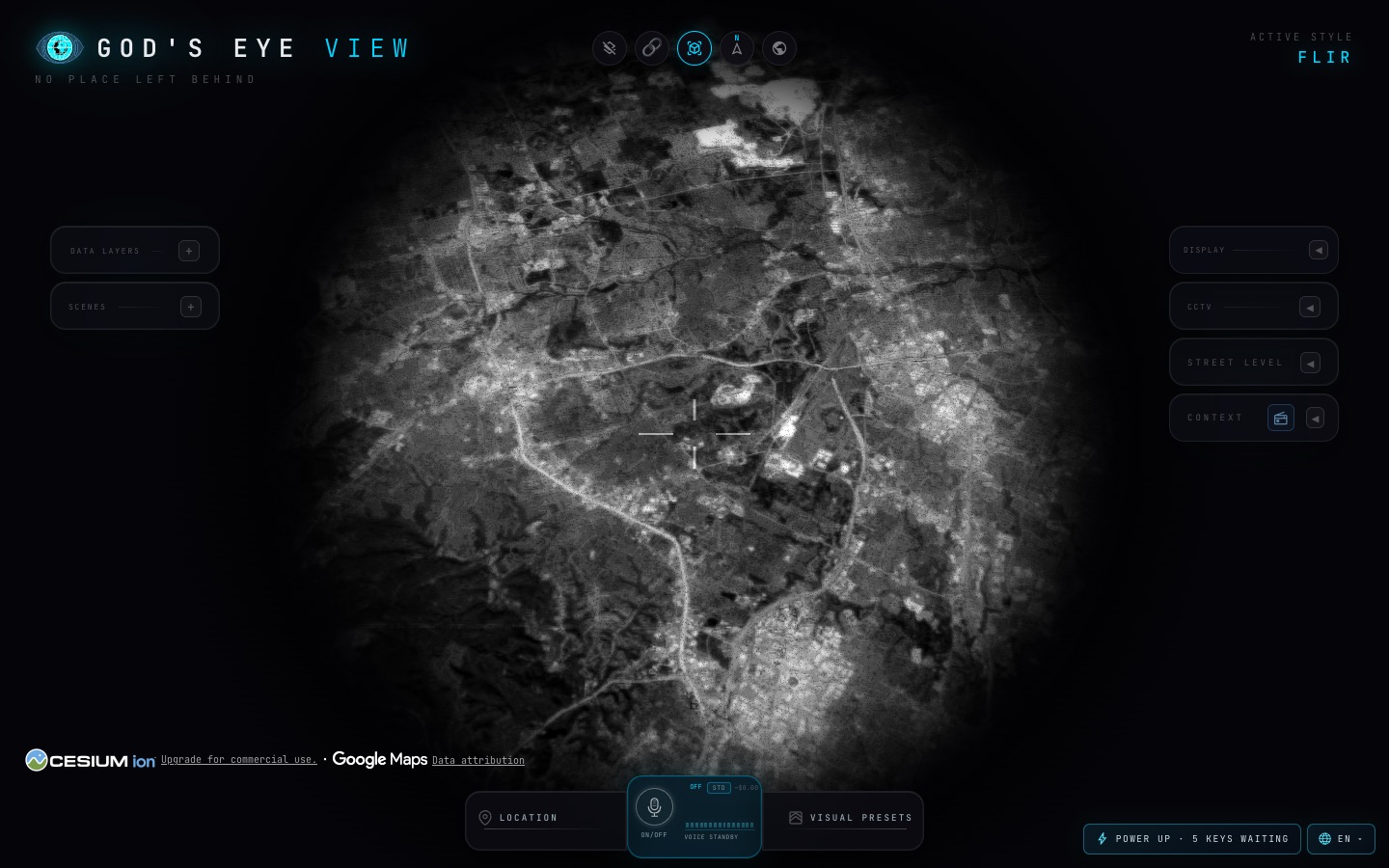 Thermal FLIR-style rendering of a city from above