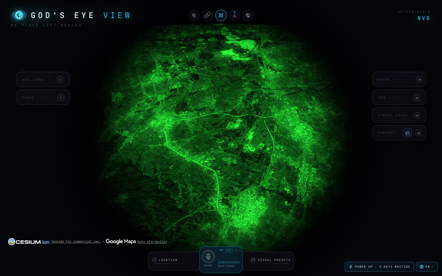 Night-vision style rendering of the globe