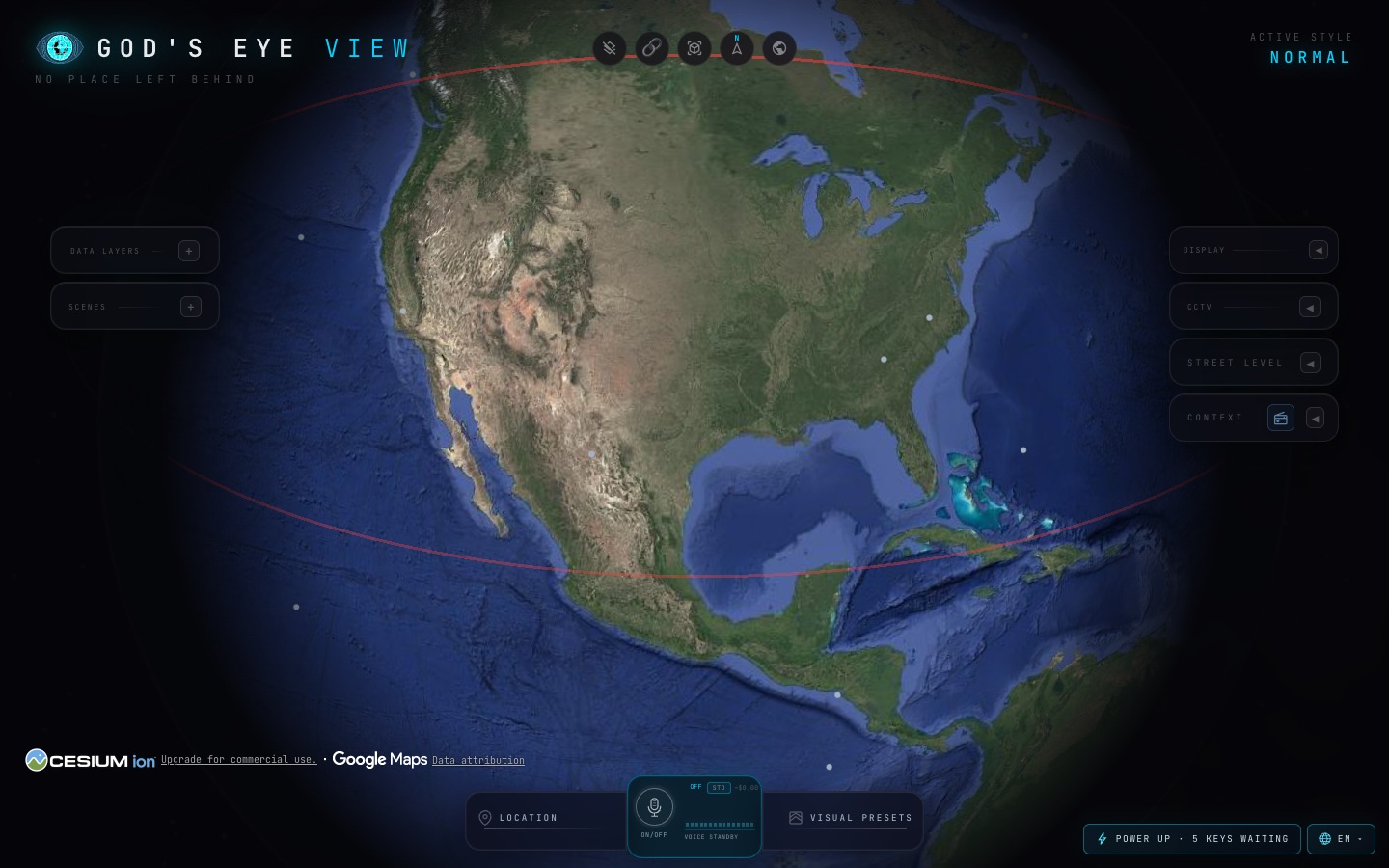 Whole-Earth view over North America with satellites and an orbital track